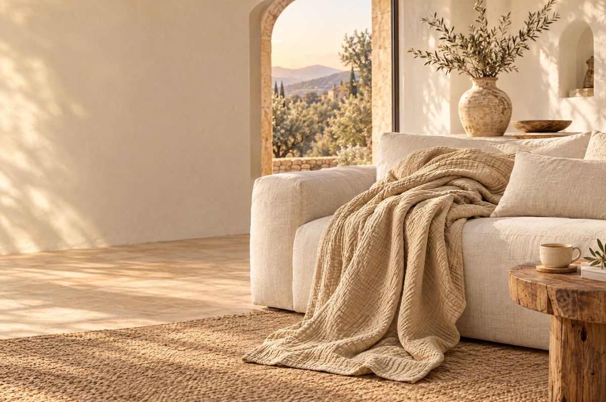 Mantamar Musselindecke auf einem Sofa in einem mediterranen Wohnzimmer