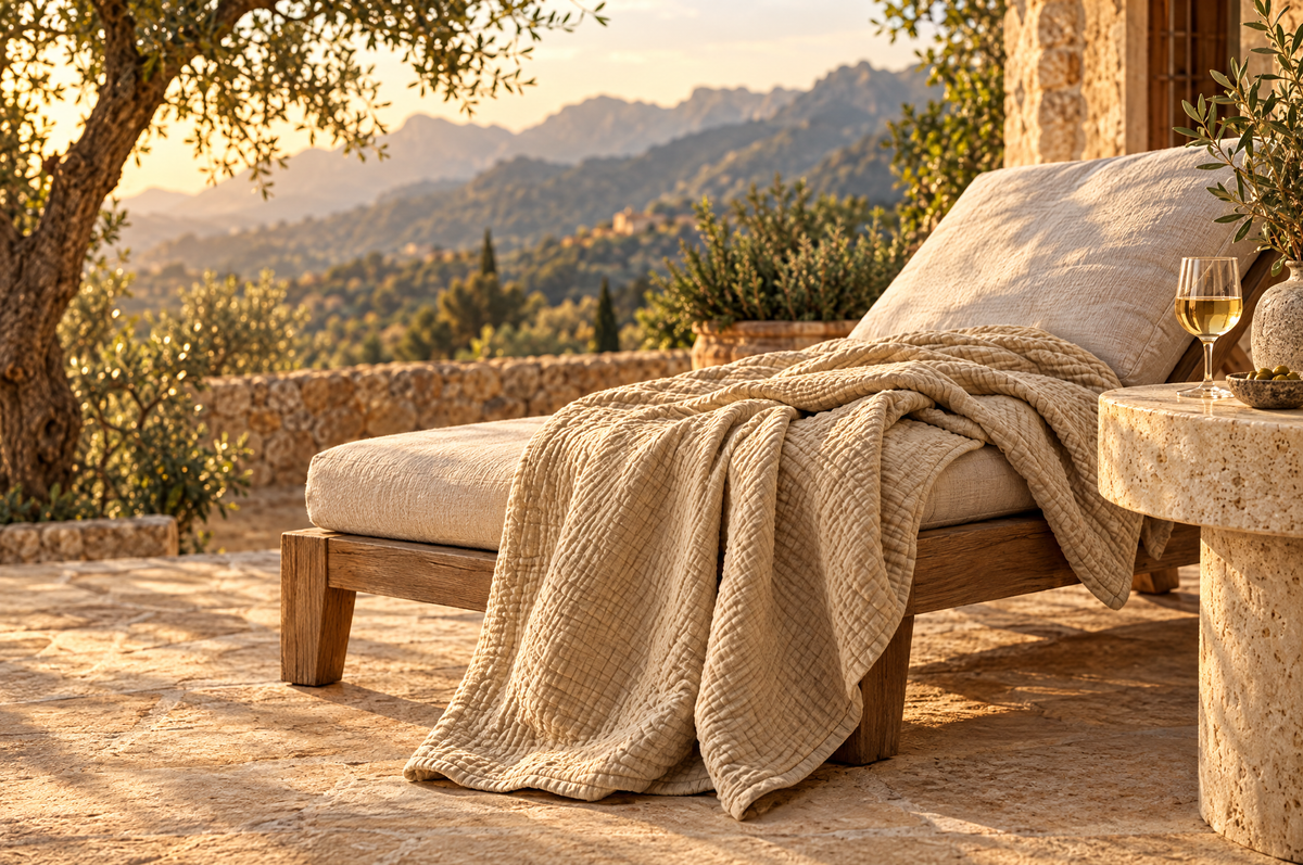 Musselindecke auf einem Liegestuhl auf einer Finca-Terrasse auf Mallorca